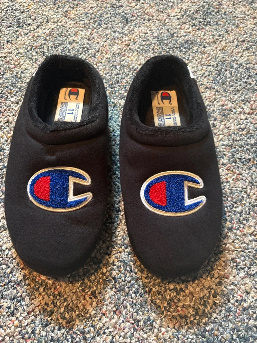 Champion Kids Black Slip-On Footies with Blue and Red Logo
